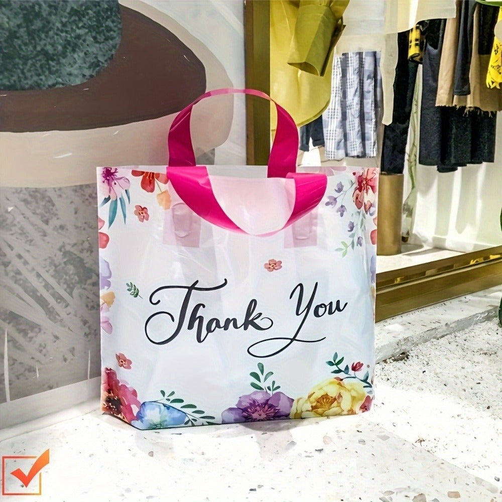 Fifty-Piece Floral Thank You Gift Bag Set with Soft Loop Handles and Printed Front and Back Panels