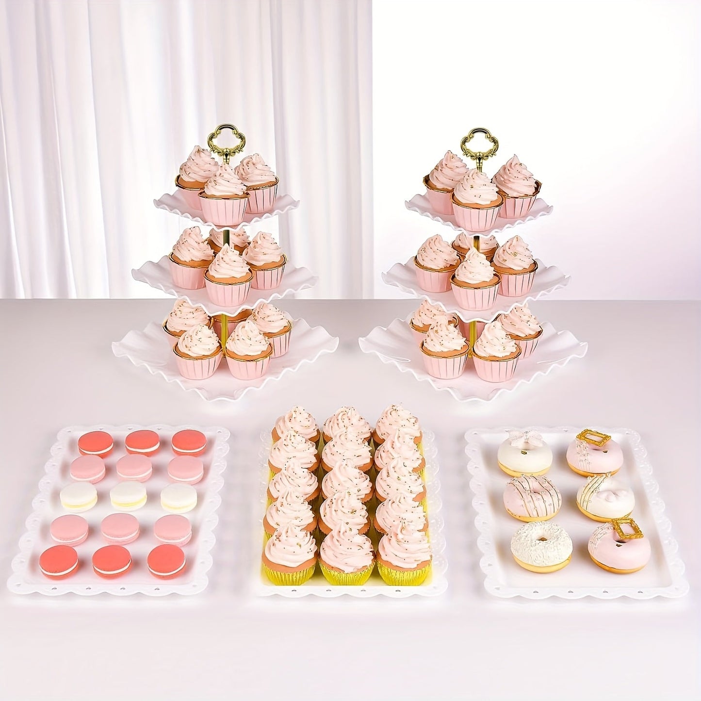 Five-Piece Cupcake Stand Set with Two Three-Tier Square Towers and Three Appetizer Trays in Pink or White
