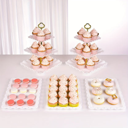 Five-Piece Cupcake Stand Set with Two Three-Tier Square Towers and Three Appetizer Trays in Pink or White