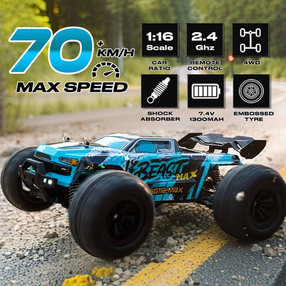 Remote Control Car, 1:16 4WD RC390 Off-Road Racer with 70 km/h Label, LED Lights and Two Batteries