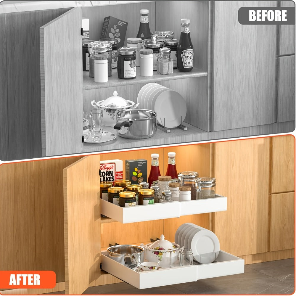 Expandable Pull-Out Cabinet Shelf with Adjustable Width, 16.5- or 21-Inch Depths and Black or White Pack Options