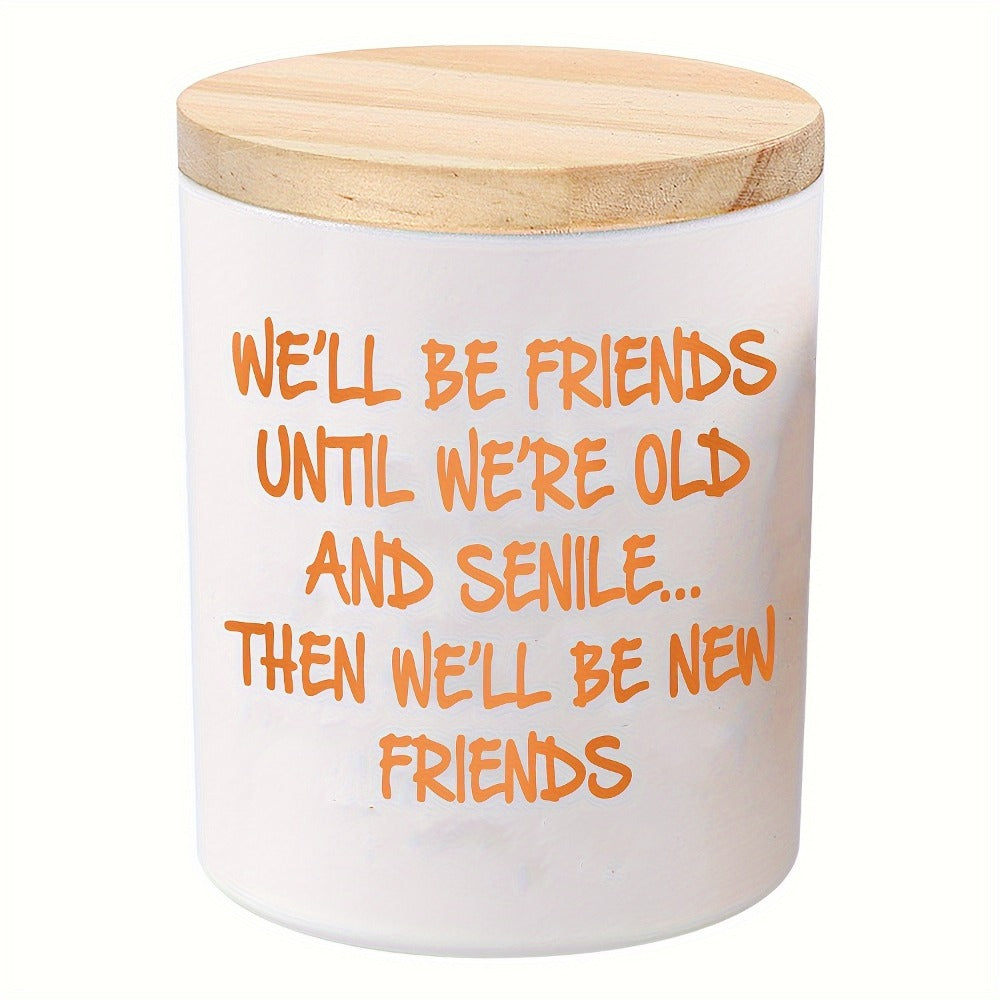 6oz Lavender-Labeled Candle in White Glass Jar with Wood Lid and Friendship Message Artwork