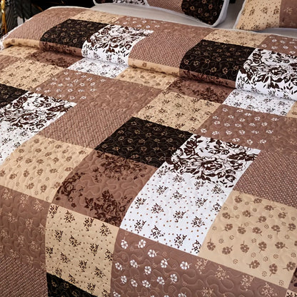 Patchwork Quilted Bedspread Set 3 Piece - 1 Quilt & 2 Pillow Shams Machine Washable All-Season Soft Breathable 100% Polyester Bedding Set for Bedroom Dorm, Twin Full Queen King