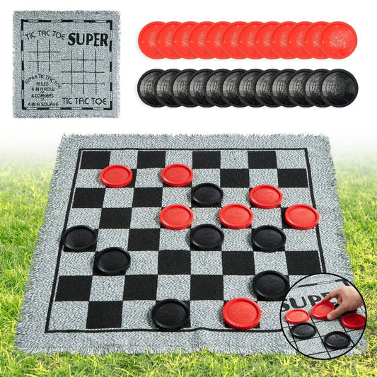 Giant Checkers Game 3-in-1 Set with Tic Tac Toe Reversible Mat 24 Oversized Pieces – Indoor Outdoor Family Board Game for Kids Adults, Lawn BBQ Camping Birthday Gift