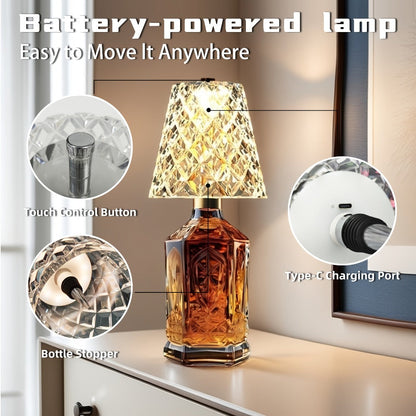 Rechargeable LED Bottle Table Lamp 2 Pack - Crystal Acrylic Wine Bottle Design, 2000mAh Cordless, 3 Color Modes, Ambient Night Light for Bedroom, Dining Table, Bar & Home Decor