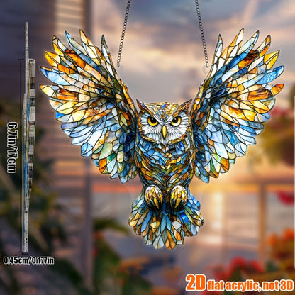 Owl Hanging Ornament Colorful Acrylic 6.7"x8", 2D Flat Animal Wall Art Decoration for Christmas Tree, Home, Office & Outdoor, Unique Birthday & Anniversary Gift for Her – Boho Bird Decor (1pc)