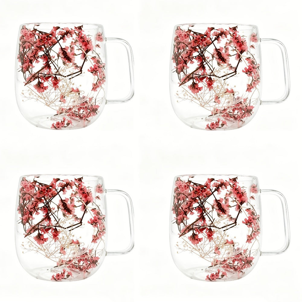 Double-Wall Glass Coffee Cup Set, Four-Piece Floral and Petal Design Mugs with Clear Handles for Tea and Lattes