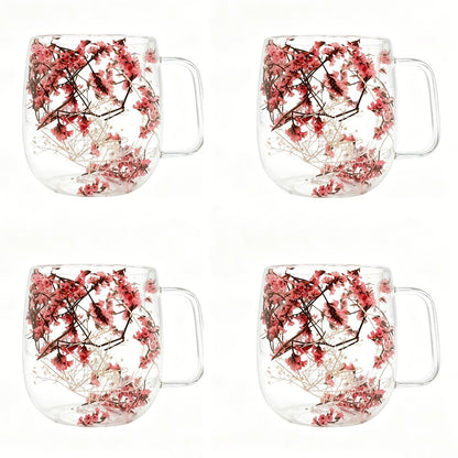 Double-Wall Glass Coffee Cup Set, Four-Piece Floral and Petal Design Mugs with Clear Handles for Tea and Lattes