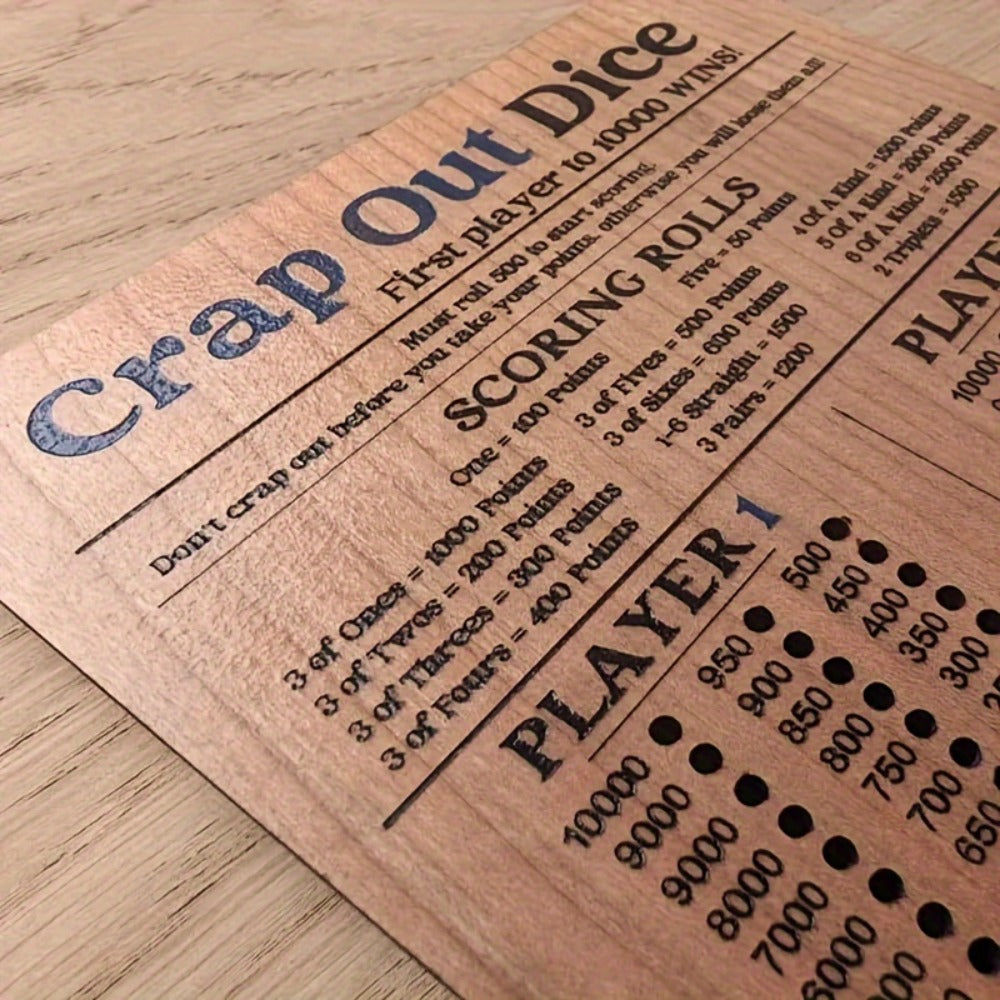 Two-Piece Wooden Dice Scoreboard Set with Six Dice, Twelve Pegs and Printed Four-Player Rules
