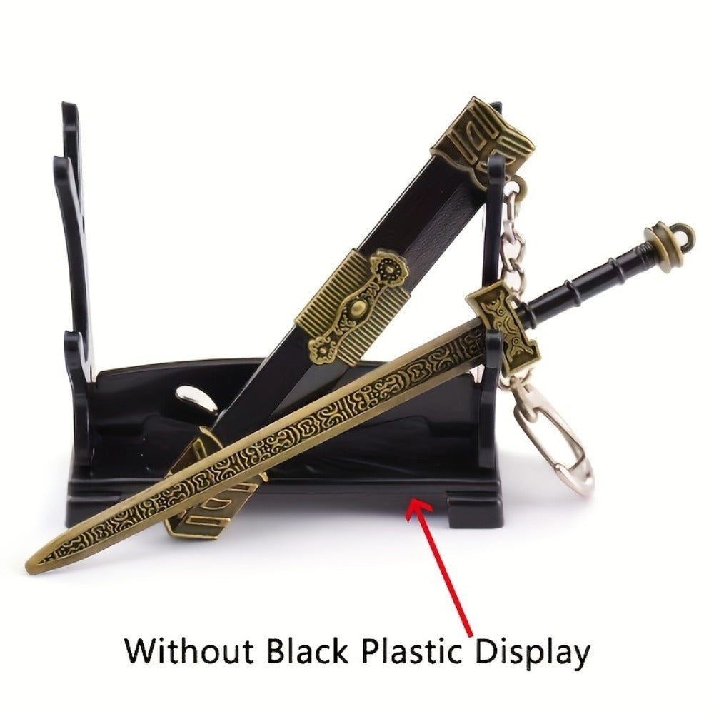 Seven-Piece Miniature Metal Sword Replica Set with Sheaths, Keychains and Ancient-Inspired Display Designs