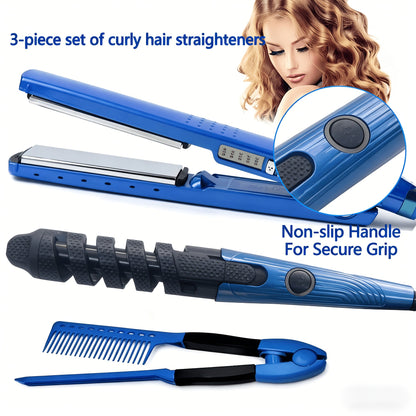 Flat Iron, Curling Iron and Comb Hair Styling Tool Set with Three Pieces in Blue for Home Styling