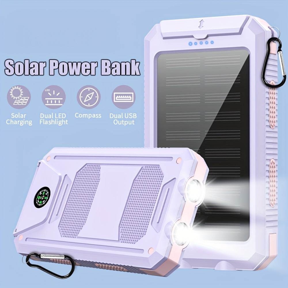 Solar Power Bank, 29800mAh Dual-USB 5V Charger with Solar Panel, Dual LED Flashlight, Compass and Eight Color Options