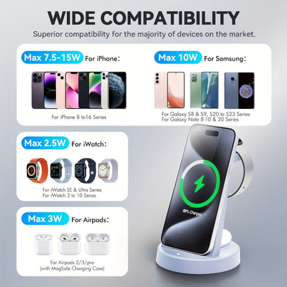 3-in-1 Wireless Charging Dock Multi-Color Fast Charge for iPhone 17 16 15 14 13 12 11 Pro Max, Apple Watch Ultra 2 Series 10 9 8 7 6 SE, AirPods 4 3 2 Pro & Samsung Galaxy – Black Blue Pink U1 U2