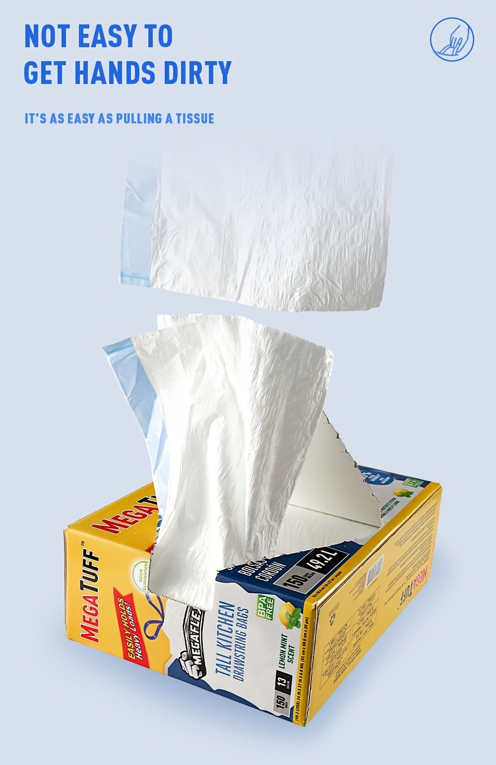 13-Gallon Scented Drawstring Trash Bags, 150-Count Pack in Three 50-Bag Rolls with Blue Ties