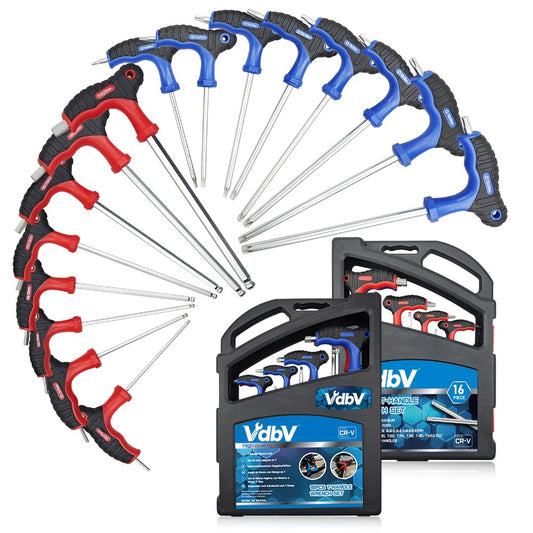 Hex Wrench Set 16-Piece T-Handle | Long Ball End & Star Hex Allen Keys, Chrome Vanadium Steel, Color-Coded, 1.5-10mm T10-T50 1/16-3/8, Bicycle & Mechanic Tool Kit