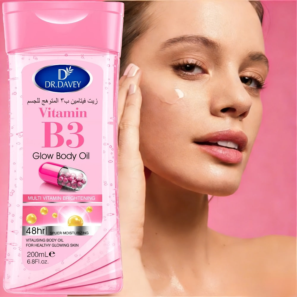 Vitamin B3 Body Oil, Two-Piece Set of 200ml Flip-Top Bottles with Coordinated Pink Niacinamide Labels