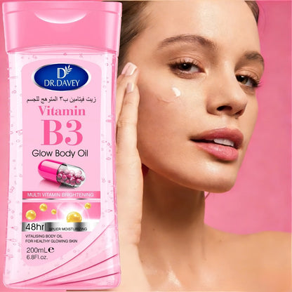 Vitamin B3 Body Oil, Two-Piece Set of 200ml Flip-Top Bottles with Coordinated Pink Niacinamide Labels