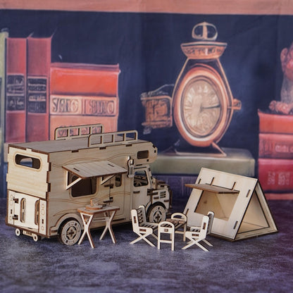 Wooden RV 3D Puzzle Model Kit with Motorhome Body, Fold-Out Side Panels and Miniature Camping Furniture