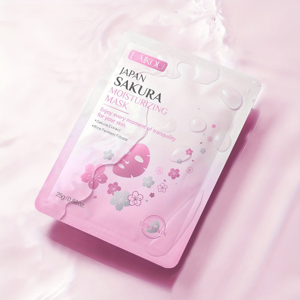 LAIKOU Sakura Sheet Mask 20-Pack with 25g Pouches, Sakura Extract and Rice Ferment Filtrate Labels
