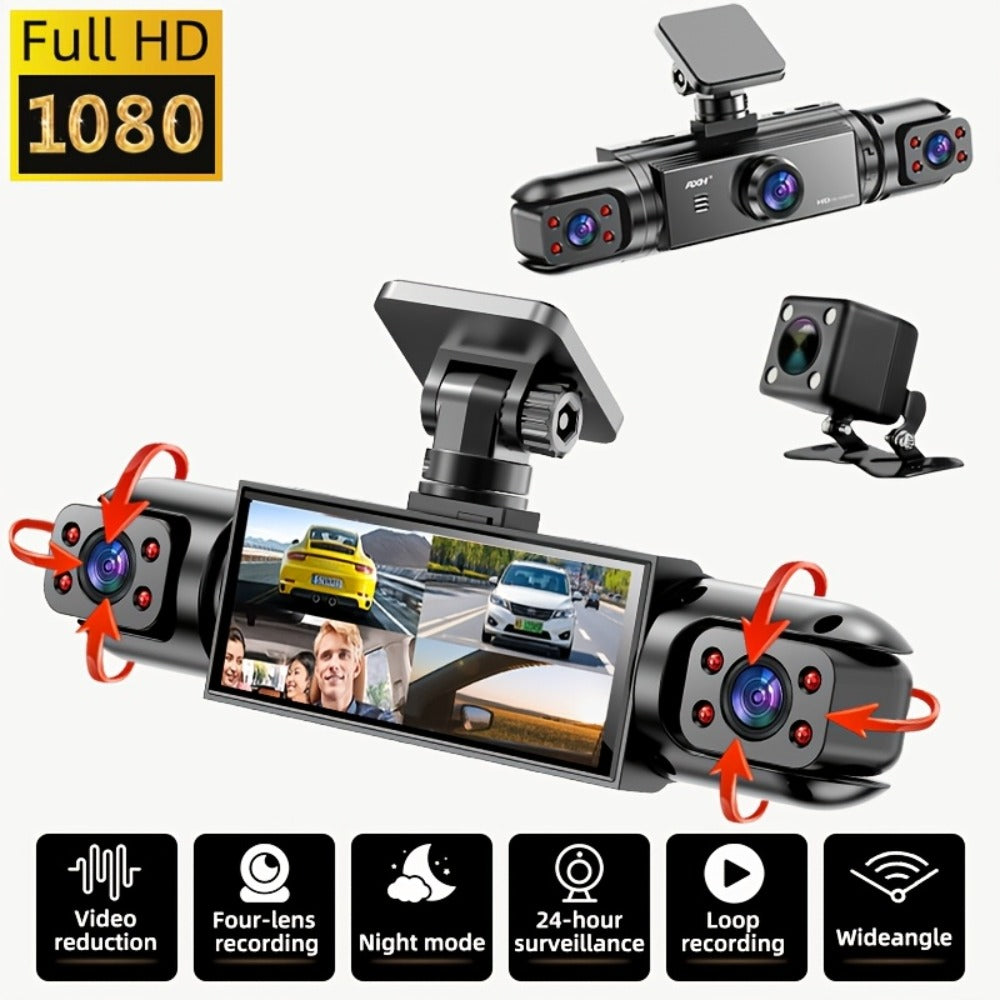 360° Panoramic Dash Cam 3 & 4 Lens 1080P HD Front + 720P Rear Left Right, Quad-Split Screen, HD Night Vision WDR G-Sensor Loop Recording, Full Coverage Car Camera, 32GB/64GB SD Card Options