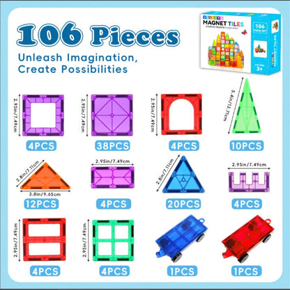 Magnetic Tiles Building Sets in 80, 106 or 136-Piece Options with Multicolor Translucent Shapes and Vehicle Bases