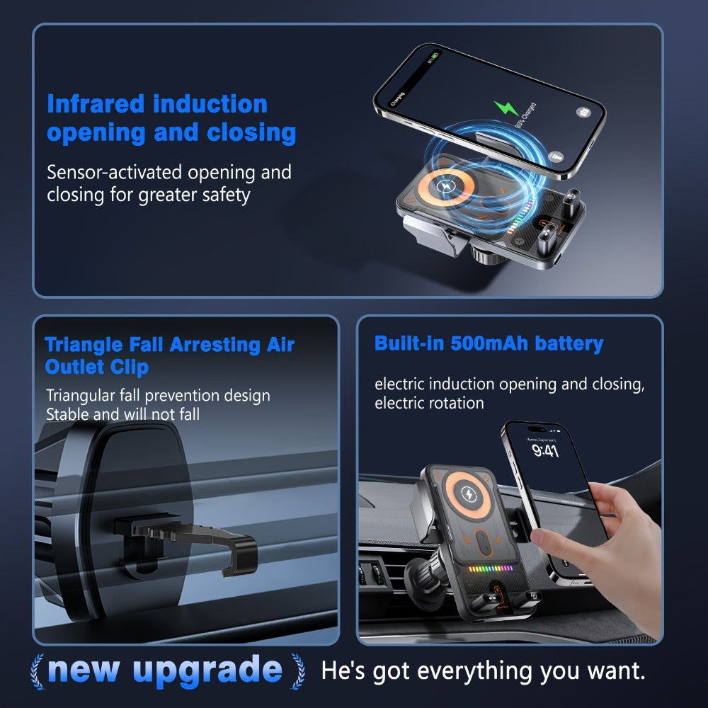 Car Wireless Charger 15W Auto-Align Smart Sensor FOD Detection Auto-Sensing Infrared Clamp 4mm Case Friendly Rotating Air Vent Mount for iPhone 17 16 15 14 Pro Max, Samsung Galaxy S24 S23 & All Qi Devices – Wired Backup Included