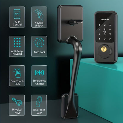 Hornbill Smart Door Lock Set with Handle - Alexa Compatible Keypad Deadbolt, Bluetooth App, Keyfob & Auto-Lock, Complete Keyless Entry Front Door Upgrade, Matte Black & Silver