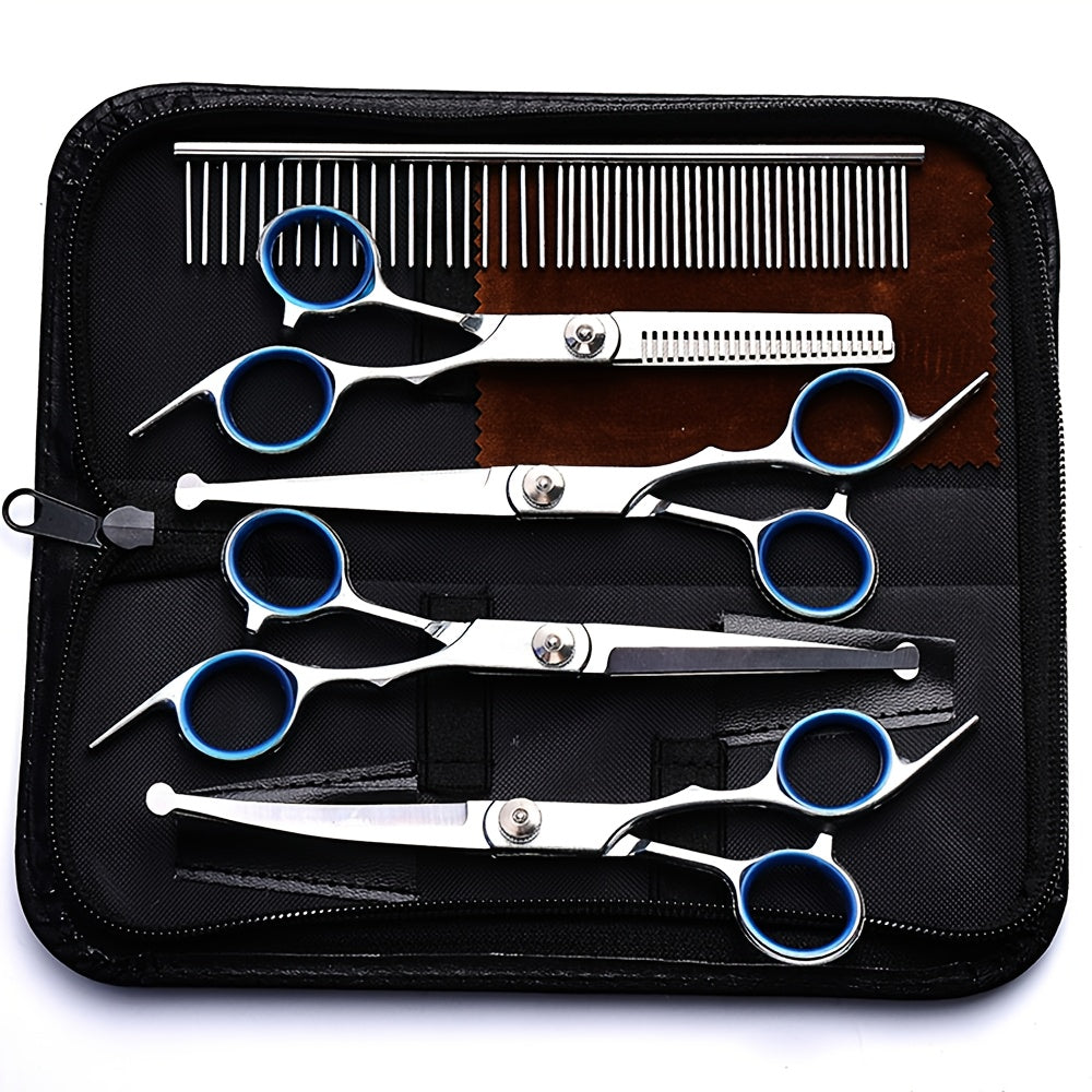 Pet Grooming Scissors Set, Seven-Piece 4CR Stainless Steel Kit with Straight, Curved and Thinning Shears