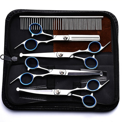 Pet Grooming Scissors Set, Seven-Piece 4CR Stainless Steel Kit with Straight, Curved and Thinning Shears