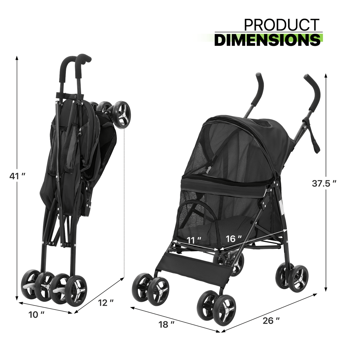 Four-Wheel Pet Stroller with Mesh Cabin, Folding Frame, Lower Basket and Ten Color or Print Options