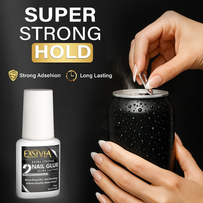 Nail Glue, EXSIVIA 10ml Brush-On Bottle with Fine Applicator for Press-On Nails, Acrylic Tips and Nail Art