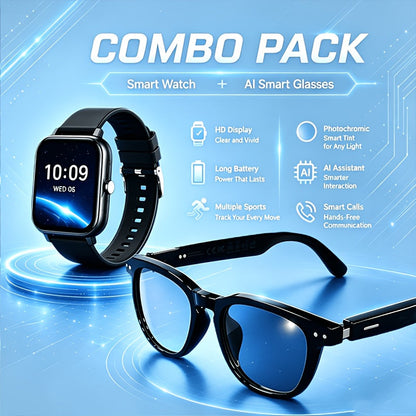 AI Smart Glasses & Smartwatch Bundle, Multilingual Real-Time Translation, Touch Control, Full Touch Screen Watch, High-End Fashion Smart Wearable Tech Combo – Gift for Tech Lovers & Travelers