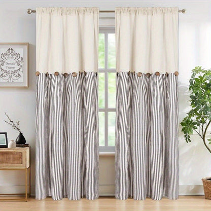 Semi Sheer Curtains Bohemian Linen Cotton Patchwork Grommet Top Window Drapes for Bedroom Living Room Kitchen Bathroom Cafe - Boho Country Cottage Style 4 Seasons 1 or 2 Panels