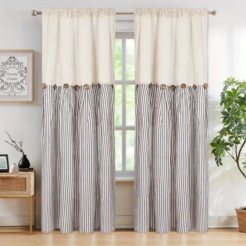 Striped Patchwork Window Curtain Set with Rod-Pocket Top, Six Colors and Five Panel-Count or Size Options