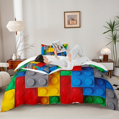Building Block Duvet Cover Set with Multicolor Brick Print, Zipper Closure and Twin to King Sizes