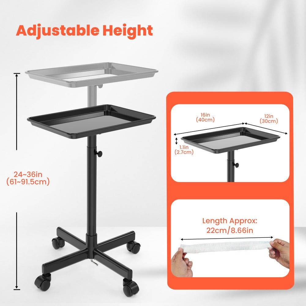 Black Adjustable Salon Tray Cart with 10 Disposable Covers, Rolling Casters and Removable Top Tray