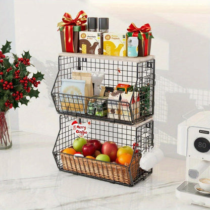Stackable Metal Wire Fruit Basket with Lid, 1 or 2-Tier Hanging Kitchen Pantry Storage Bin