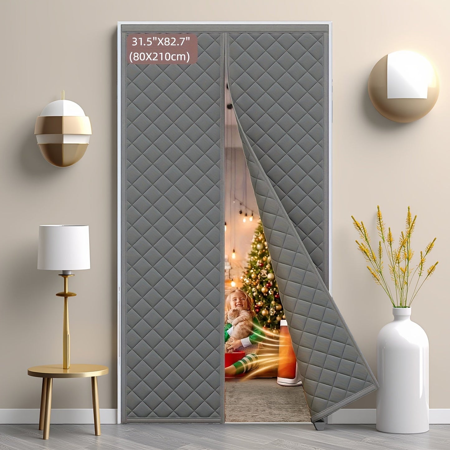 Quilted Magnetic Door Curtain in Grey or Brown with Six Exact Widths and 82.7-Inch Listed Length