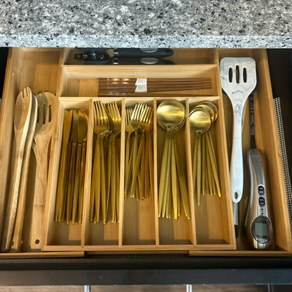 Cutlery Tray Kitchen Organizer Expandable Bamboo Drawer Divider with 5-Slot, 9-Slot or Two-Pack Options