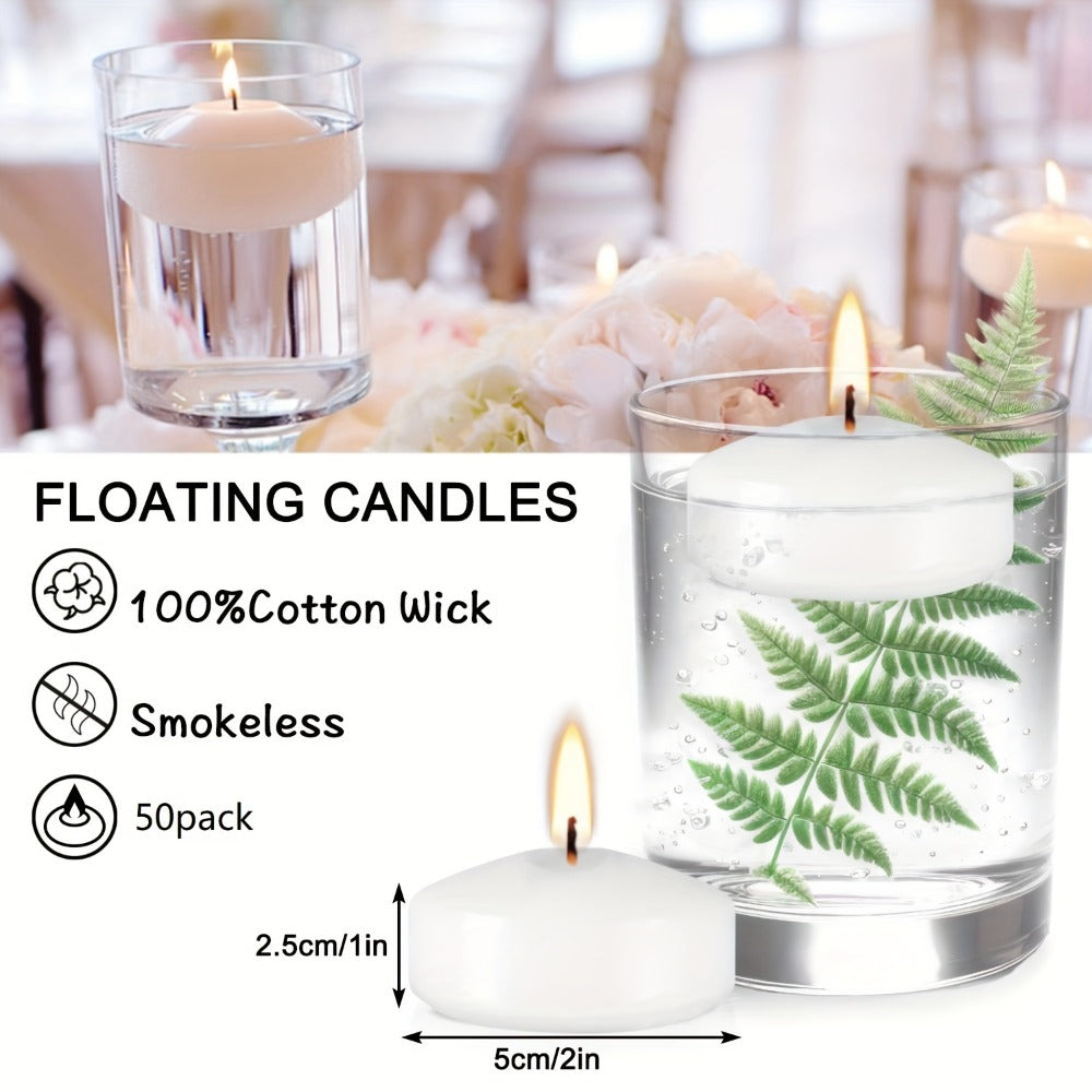 Floating Candles 2 Inch, 50 Pack White Paraffin Wax Candles for Wedding, Birthday, Valentine's Day