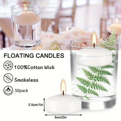 Floating Candles 2 Inch, 50 Pack White Paraffin Wax Candles for Wedding, Birthday, Valentine's Day