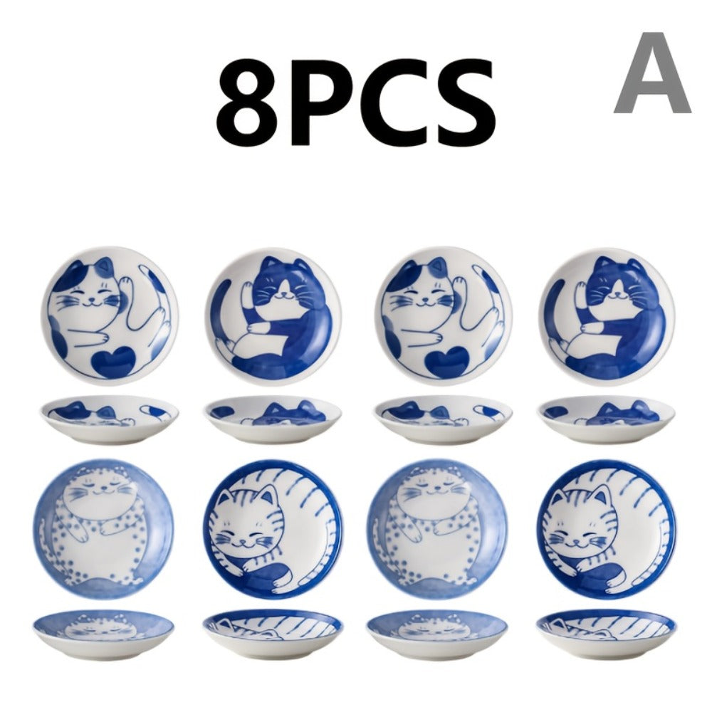 Ceramic Dipping Bowls Set of 8 Cat Shaped Mini Soy Sauce Dishes 4 Inch Small Condiment Bowls for Home Cooking, Dining and Outdoor Meals