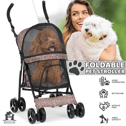 Four-Wheel Pet Stroller with Mesh Cabin, Folding Frame, Lower Basket and Ten Color or Print Options