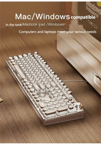 Steampunk Typewriter Mechanical Keyboard with Blue Switches – Retro Old-Fashioned USB Wired Gaming & Office Keyboard for Desktop Laptop PC Windows, Unique Aesthetic Gift for Gamers & Typists