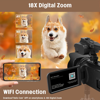 6K 64MP Video Camera Camcorder with IR Night Vision – DINGETU 18X Zoom Vlogging Camera, 4.0" Touch Screen, WiFi, 2.4G Remote, External Mic, 64GB SD Card, 4500mAh Battery, YouTube Camera