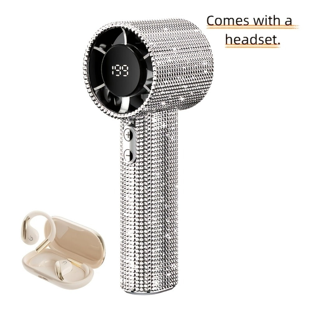Rhinestone Handheld Fan with USB-C Charging, Digital Display, 199 Levels and Optional Beige Headset