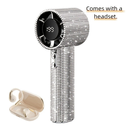 Rhinestone Handheld Fan with USB-C Charging, Digital Display, 199 Levels and Optional Beige Headset