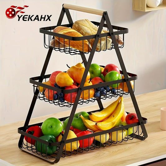 Metal Wire Bathroom Storage Basket with Wooden Handle Multi-Tier Countertop Organizer Detachable Fruit Basket Kitchen Pantry Bedroom Desk Organization