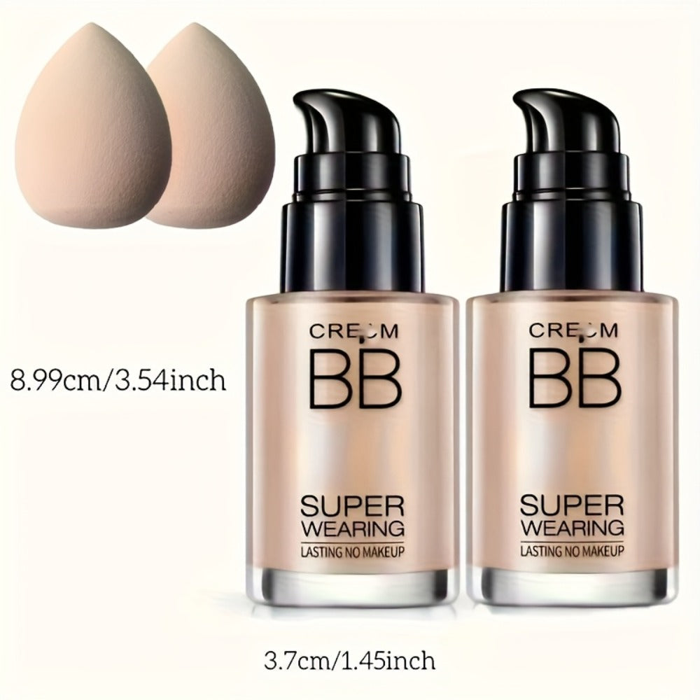 Moisturizing BB Cream Liquid Foundation Set 2-Piece with Makeup Sponge — Flawless Long-Lasting Medium Coverage Skin-Isolating Concealer for All Skin Types Women Natural & Light Beige Shades