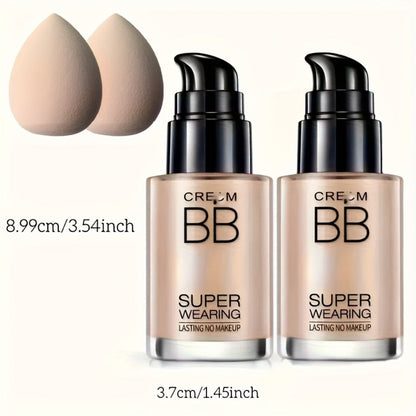Moisturizing BB Cream Liquid Foundation Set 2-Piece with Makeup Sponge — Flawless Long-Lasting Medium Coverage Skin-Isolating Concealer for All Skin Types Women Natural & Light Beige Shades